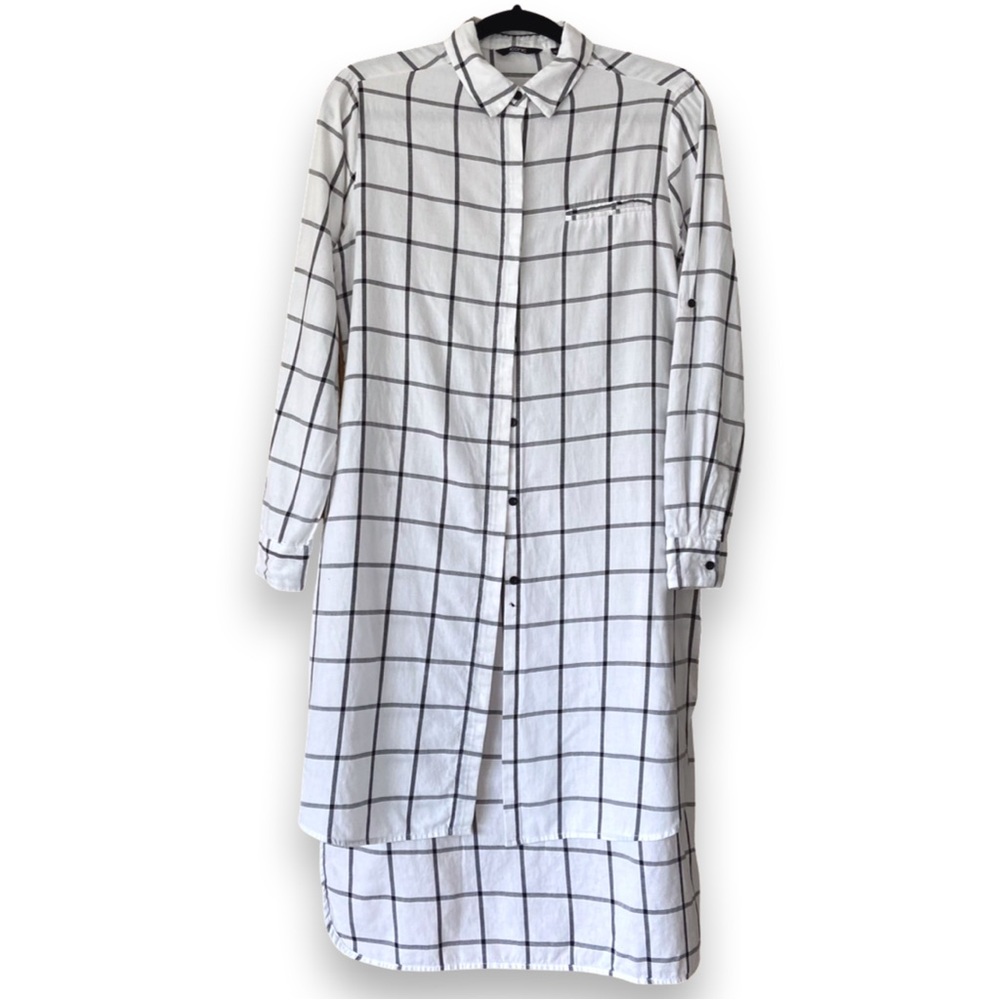 Shirt dress black and white square plaids with slits high low